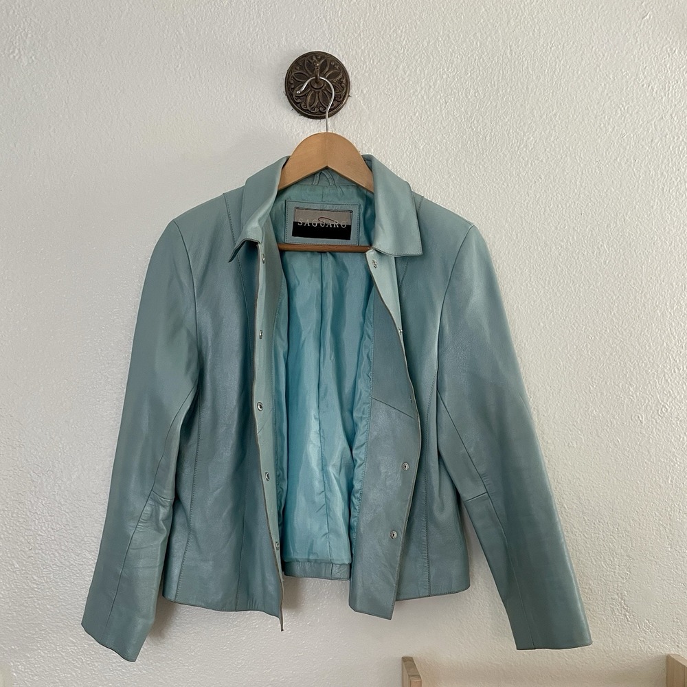Vintage Saguaro Seafoam Blue Leather Jacket Minimalist 90s Jacket Small - Picture 11 of 12